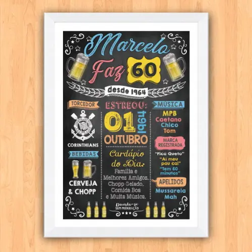 Chalkboard Quadro Poster c/ Moldura 60 Anos A3 30x42cm