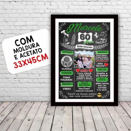 Chalkboard Quadro Poster c/ Moldura 60 Anos A3 30x42cm