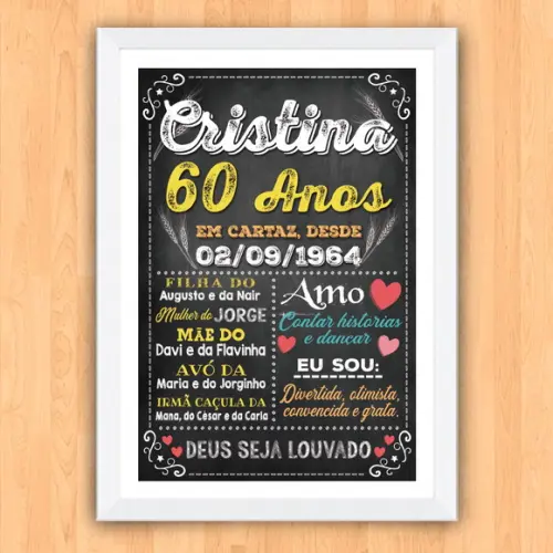 Chalkboard Quadro Poster c/ Moldura 60 Anos A3 30x42cm