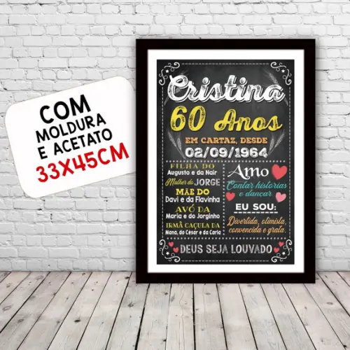 Chalkboard Quadro Poster c/ Moldura 60 Anos A3 30x42cm