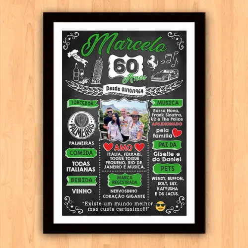 Chalkboard Quadro Poster c/ Moldura 60 Anos A3 30x42cm