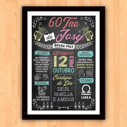 Chalkboard Quadro Poster c/ Moldura 60 Anos A3 30x42cm