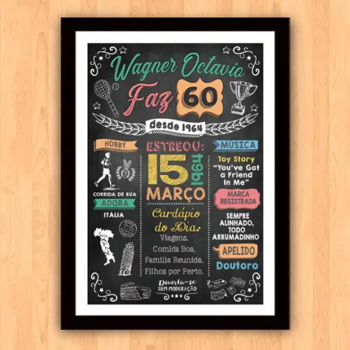 Chalkboard Quadro Poster c/ Moldura 60 Anos A3 30x42cm