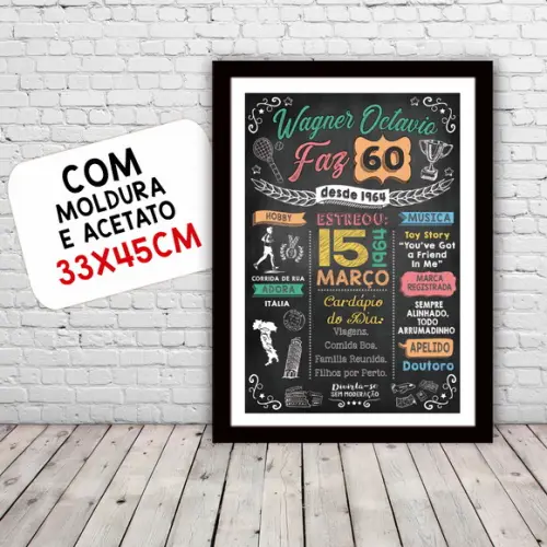 Chalkboard Quadro Poster c/ Moldura 60 Anos A3 30x42cm
