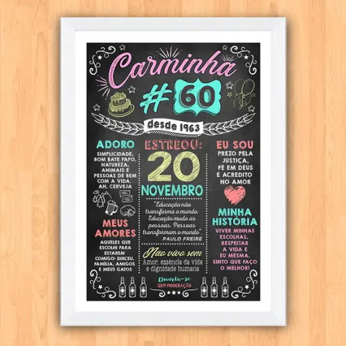 Chalkboard Quadro Poster c/ Moldura 60 Anos A3 30x42cm