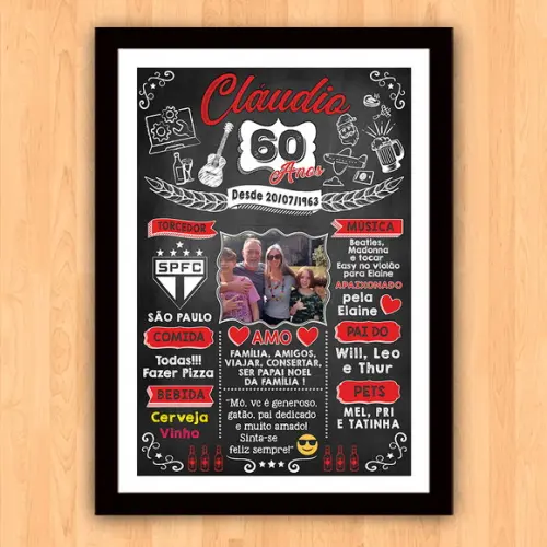 Chalkboard Quadro Poster c/ Moldura 60 Anos A3 30x42cm