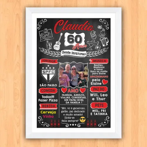 Chalkboard Quadro Poster c/ Moldura 60 Anos A3 30x42cm