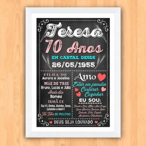 Chalkboard Quadro Poster c/ Moldura 70 Anos A3 30x42cm