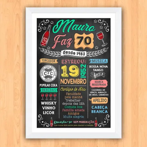 Chalkboard Quadro Poster c/ Moldura 70 Anos A3 30x42cm
