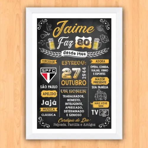 Chalkboard Quadro Poster c/ Moldura 80 Anos A3 30x42cm