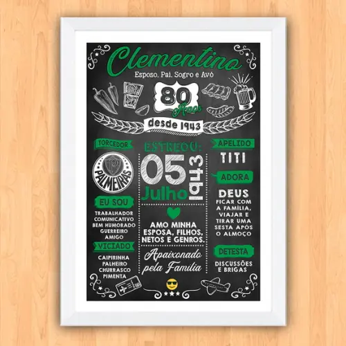 Chalkboard Quadro Poster c/ Moldura 80 Anos A3 30x42cm
