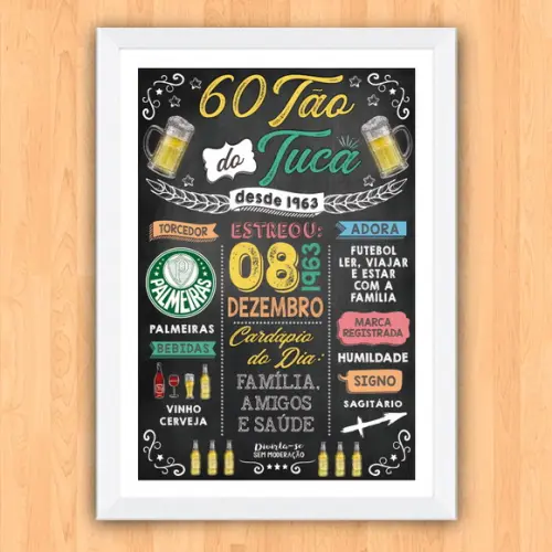 Chalkboard Quadro Poster c/ Moldura Aniversário 60 Anos