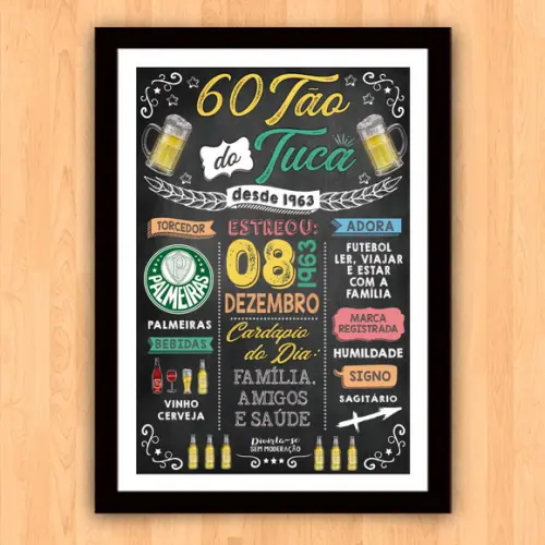 Chalkboard Quadro Poster c/ Moldura Aniversário 60 Anos