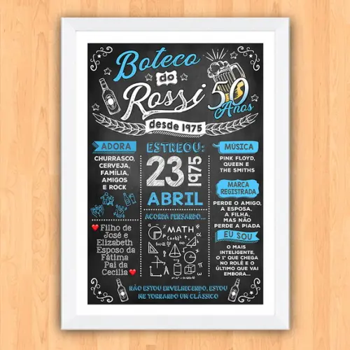 Chalkboard Quadro Poster c/ Moldura Boteco 50 Anos 30x42cm