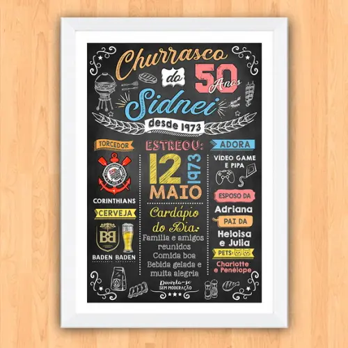 Chalkboard Quadro Poster c/ Moldura Churrasco 50 Anos A3
