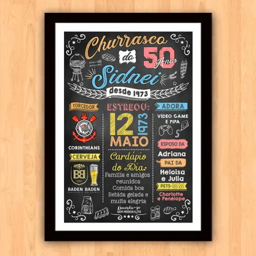 Chalkboard Quadro Poster c/ Moldura Churrasco 50 Anos A3
