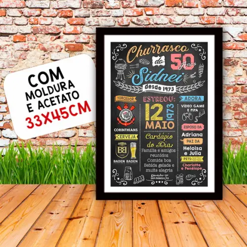 Chalkboard Quadro Poster c/ Moldura Churrasco 50 Anos A3