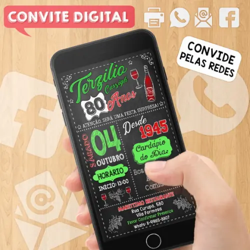 Convite Digital Aniversário 80 Anos Vinho