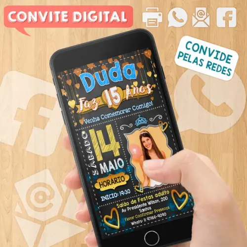 Convite Digital Aniversário Azul Dourado 15 Anos Duda