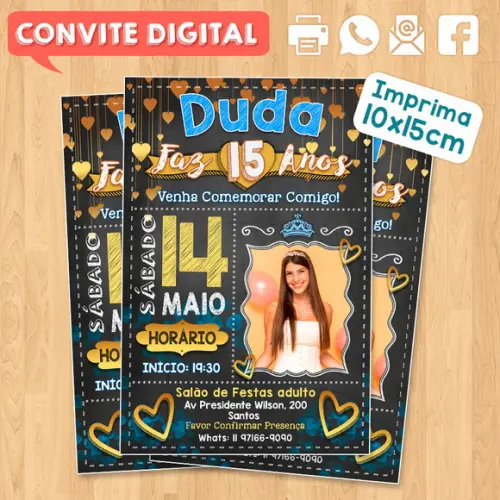 Convite Digital Aniversário Azul Dourado 15 Anos Duda