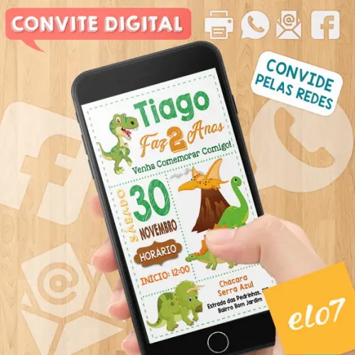 Convite Digital Aniversário Dinossauros Fundo Branco