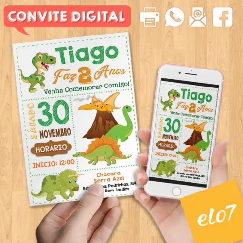 Convite Digital Aniversário Dinossauros Fundo Branco