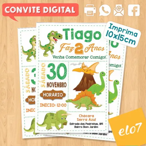 Convite Digital Aniversário Dinossauros Fundo Branco