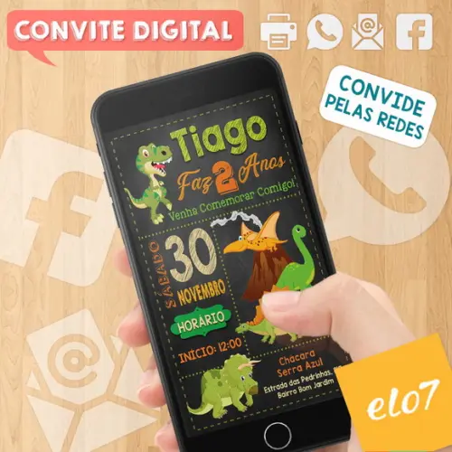 Convite Digital Aniversário Dinossauros Fundo Preto