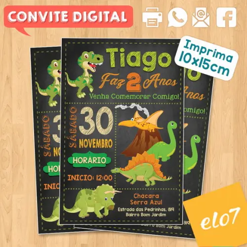 Convite Digital Aniversário Dinossauros Fundo Preto