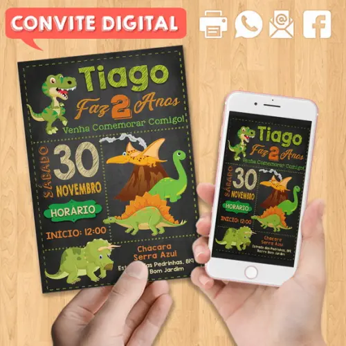 Convite Digital Aniversário Dinossauros Fundo Preto