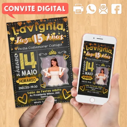Convite Digital Aniversário Dourado 15 Anos Lavignia