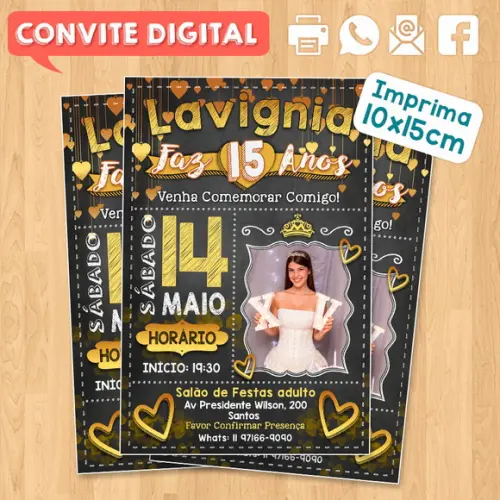 Convite Digital Aniversário Dourado 15 Anos Lavignia