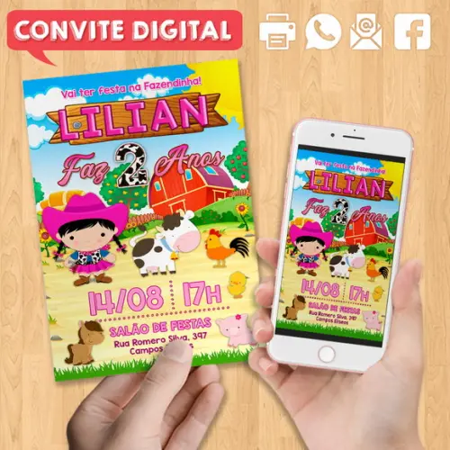 Convite Digital Aniversário Fazendinha Sitio Menina Cowgirl