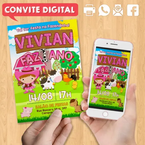 Convite Digital Aniversário Fazendinha Sitio Menina Cowgirl