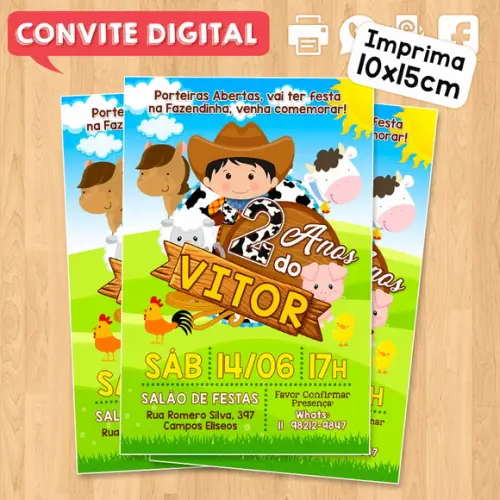 Convite Digital Aniversário Fazendinha Sitio Menino Cowboy