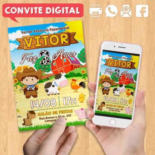 Convite Digital Aniversário Fazendinha Sitio Menino Cowboy