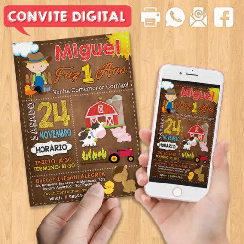 Convite Digital Aniversário Fazendinha Sitio Menino Cowboy