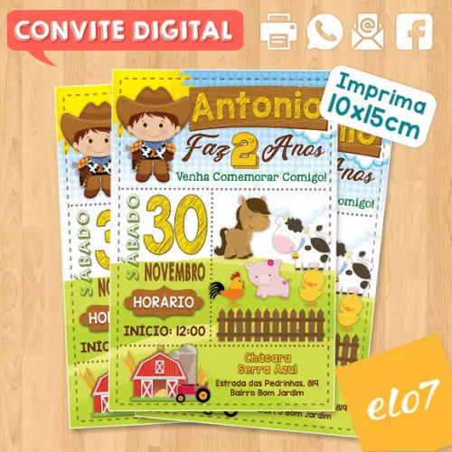 Convite Digital Aniversário Fazendinha Sitio Menino Cowboy