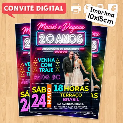 Convite Digital Aniversário Festa Anos 80 Neon Casal