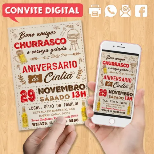 Convite Digital Aniversário Festa Churrasco da Cintia