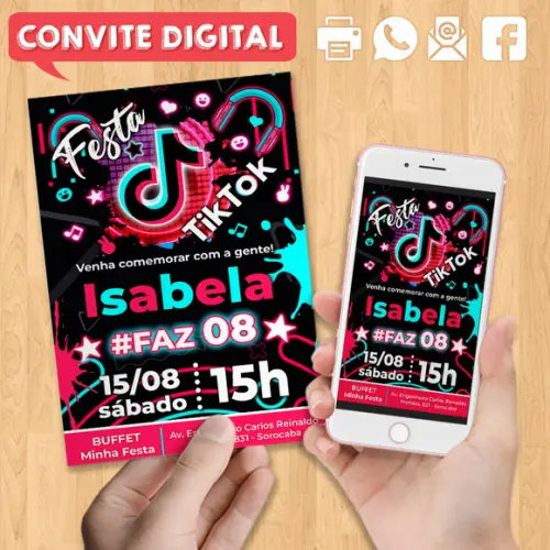 Convite Digital Aniversário Festa Infantil Tema Tiktok