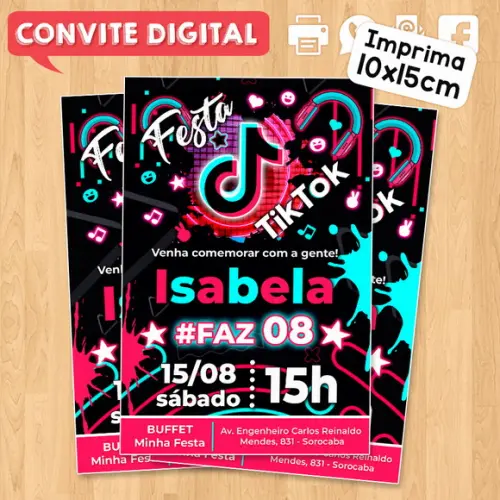 Convite Digital Aniversário Festa Infantil Tema Tiktok