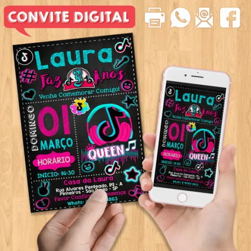 Convite Digital Aniversário Festa Infantil Tema Tiktok