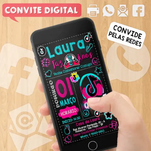 Convite Digital Aniversário Festa Infantil Tema Tiktok