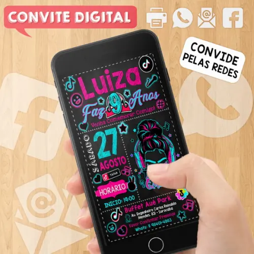 Convite Digital Aniversário Festa Infantil Tema Tiktok