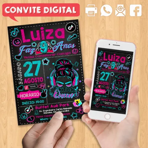 Convite Digital Aniversário Festa Infantil Tema Tiktok
