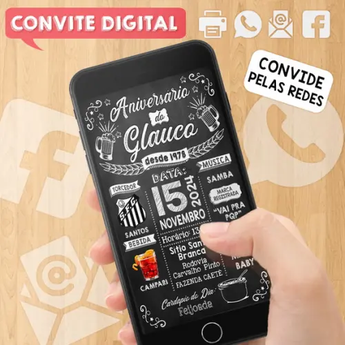 Convite Digital Aniversário Festa Preto e Branco com Frases