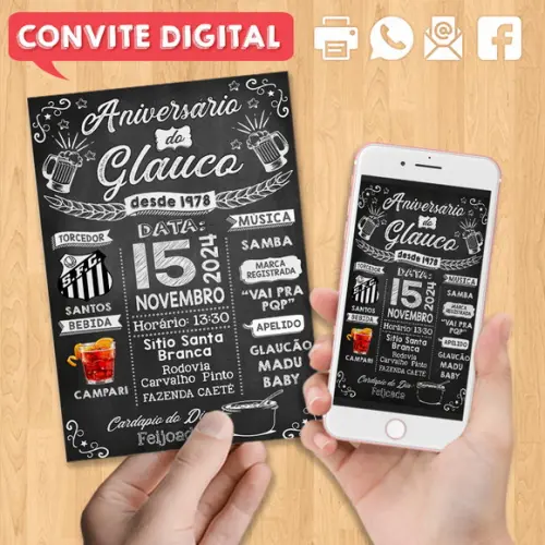 Convite Digital Aniversário Festa Preto e Branco com Frases