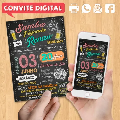 Convite Digital Aniversário Festa Samba e Feijoada do Renan