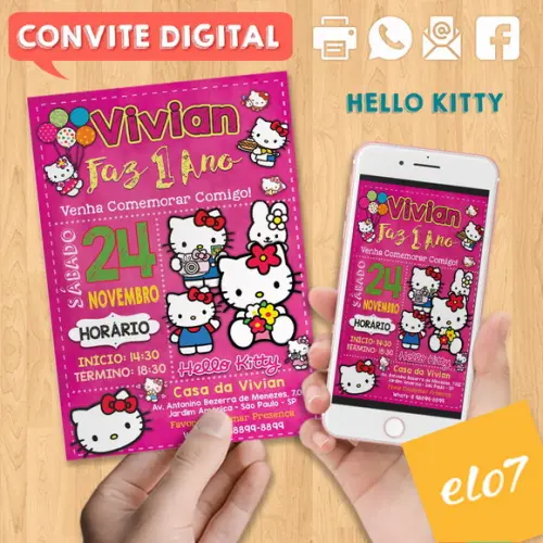 Convite Digital Aniversário Hello Kitty